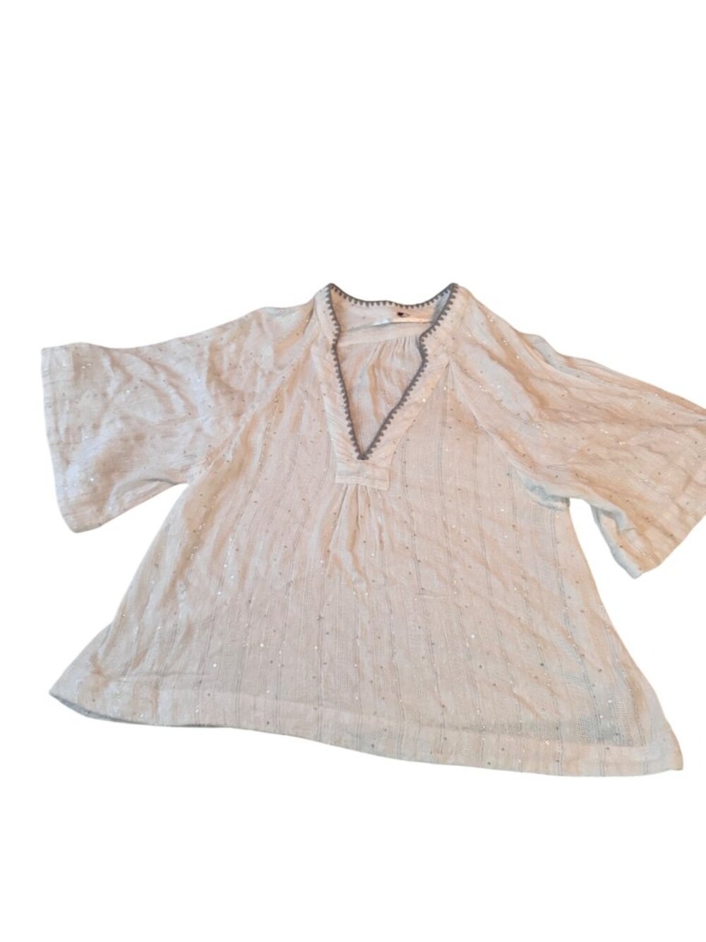 Free People Top Size L White Textured Glittery Top W/ Crochet Trim Bell Sleeves